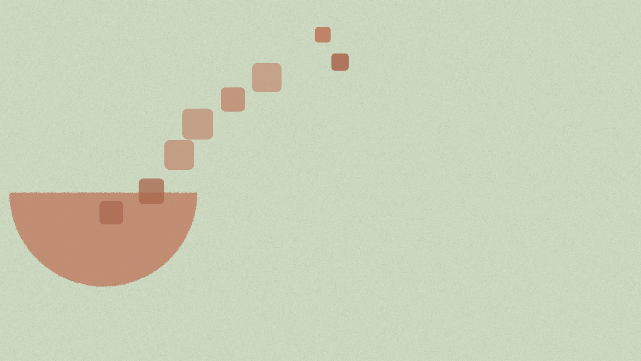 Abstract cover illustration in a grainy, matte print style: a solid dome with a diagonal scatter of small rounded squares drifting away from it, in terracotta on a soft sage background.
