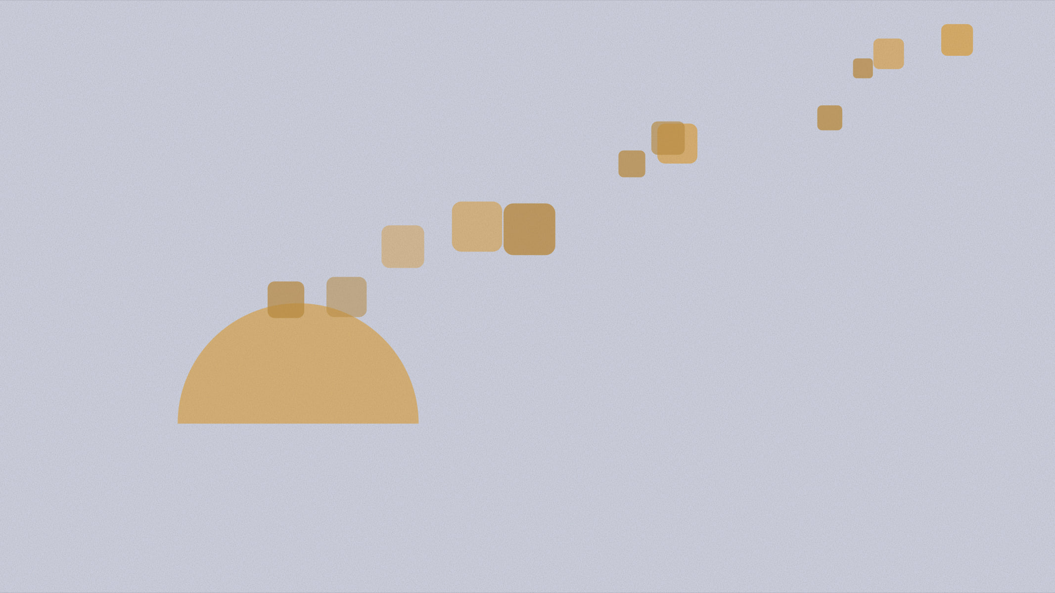 Abstract cover illustration in a grainy, matte print style: a solid dome with a diagonal scatter of small rounded squares drifting away from it, in ochre on a soft periwinkle background.