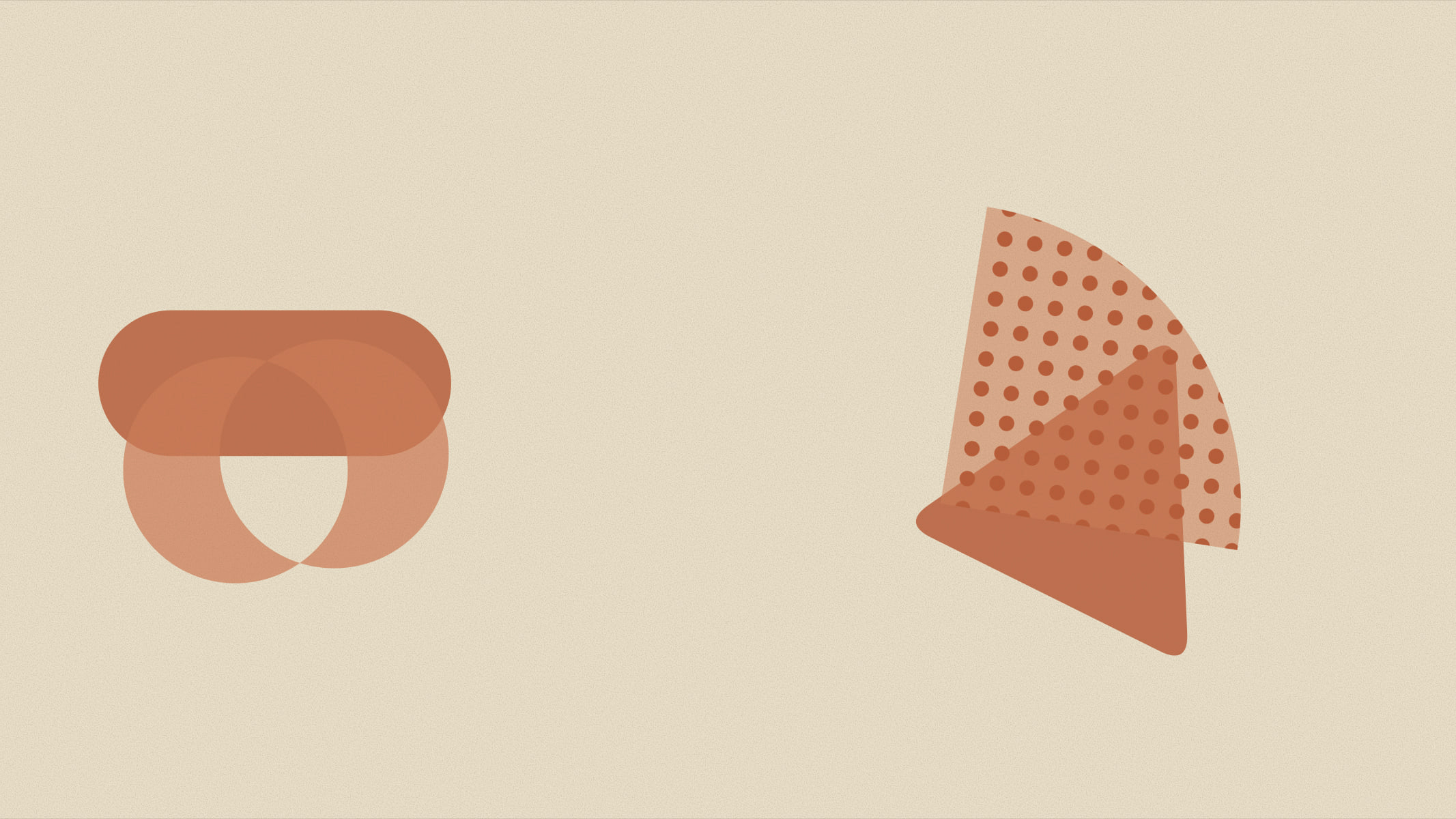 Abstract cover illustration in a grainy, matte print style: two small clusters of overlapping shapes set far apart across open space, in rust on a soft oat background.
