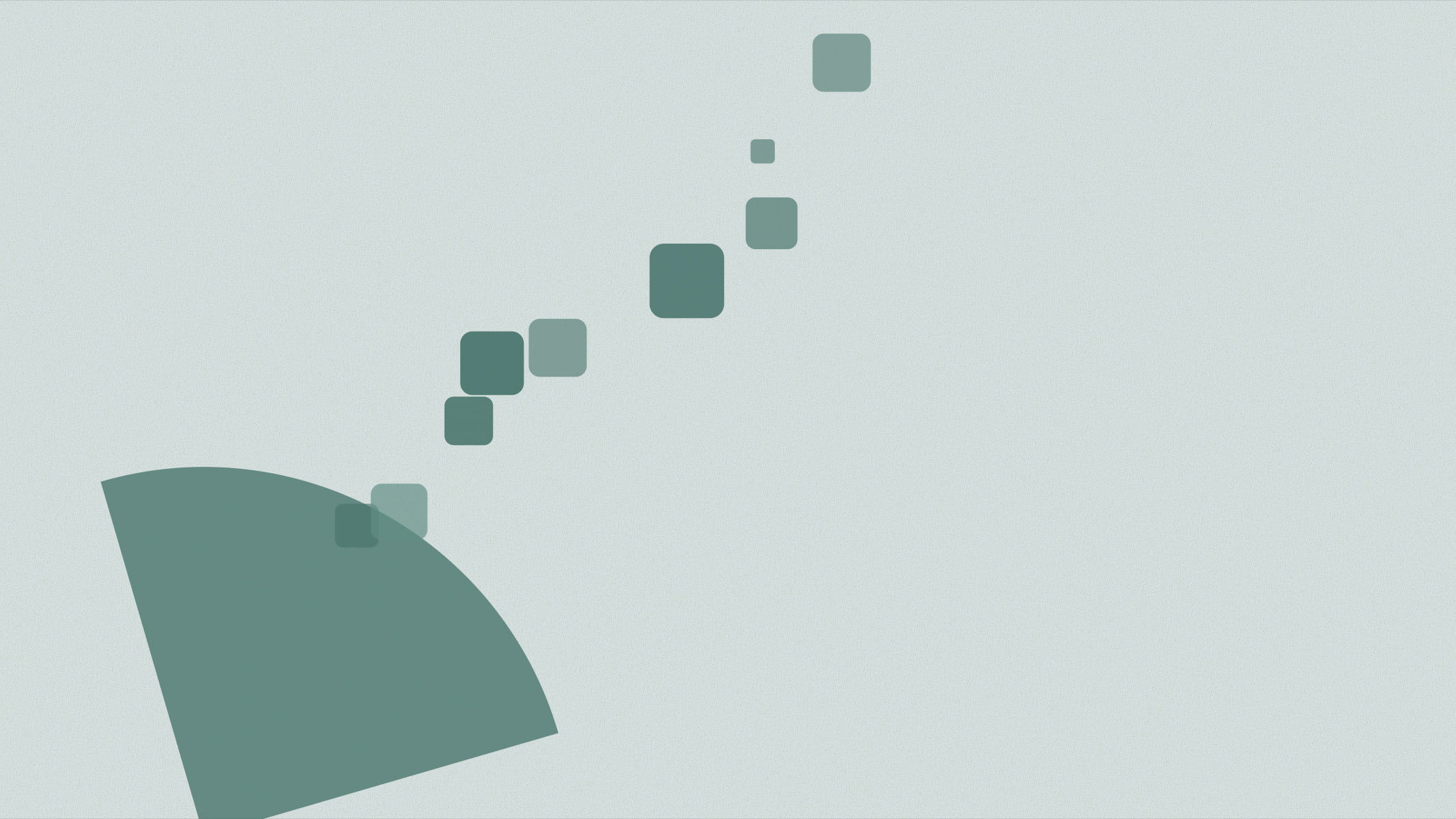 Abstract cover illustration in a grainy, matte print style: a solid dome with a diagonal scatter of small rounded squares drifting away from it, in pine on a soft mist background.